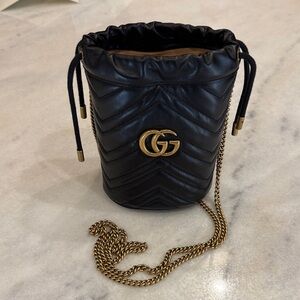 Gucci Black Chevron GG Marmont Bucket Crossbody with Gold Chain. Worn 1x.